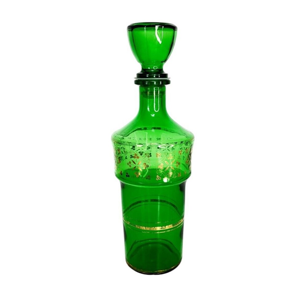 VTG MCM 60s JAY Emerald Green Glass Barware Liqueur Decanter 24kt Gold Clovers